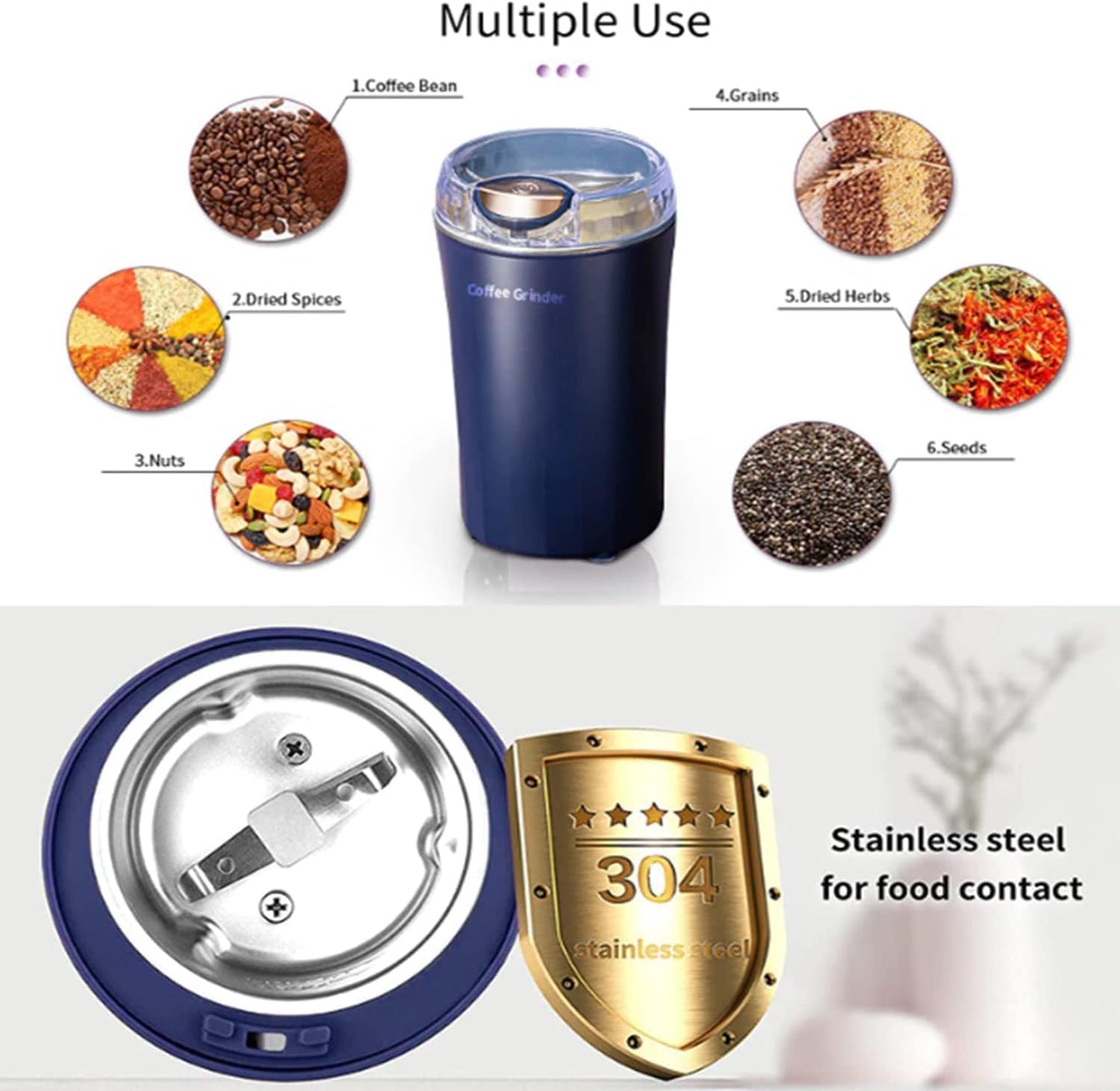 Electric Kitchen Grinder Mixer - Electric Coffee Grinders for Spices, Seeds, Herbs, and Coffee Beans, Spice Blender and Espresso Grinder, Wet and Dry Grinder Stainless Steel