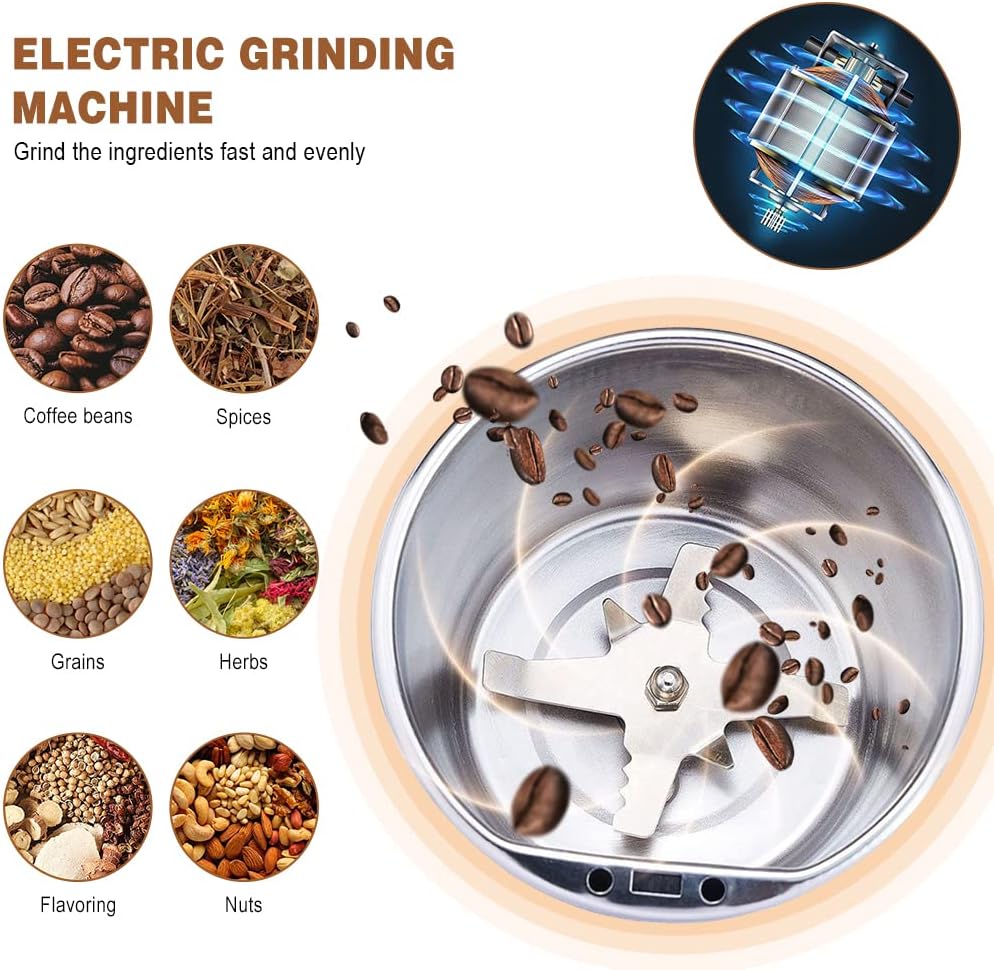 Electric Kitchen Grinder Mixer - Electric Coffee Grinders for Spices, Seeds, Herbs, and Coffee Beans, Spice Blender and Espresso Grinder, Wet and Dry Grinder Stainless Steel